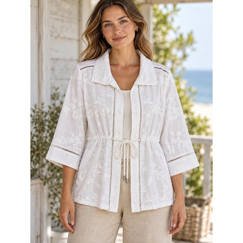 Chico's Embroidered Linen Blend Jacket Womens Size 12/14 White Coastal Boho